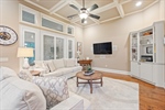 Refreshing lighted ceiling fan. Corner built ins.
