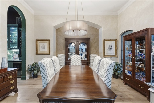 Formal dining with statement chandelier