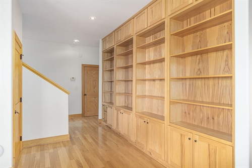 Lower level built-in bookshelves