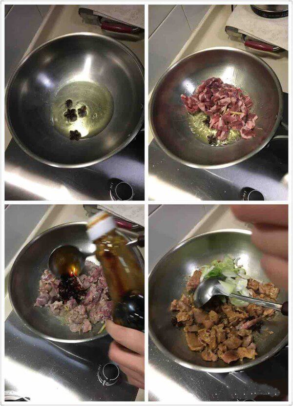 Heat the oil in the hot pot. After the oil is hot, add the star anise.