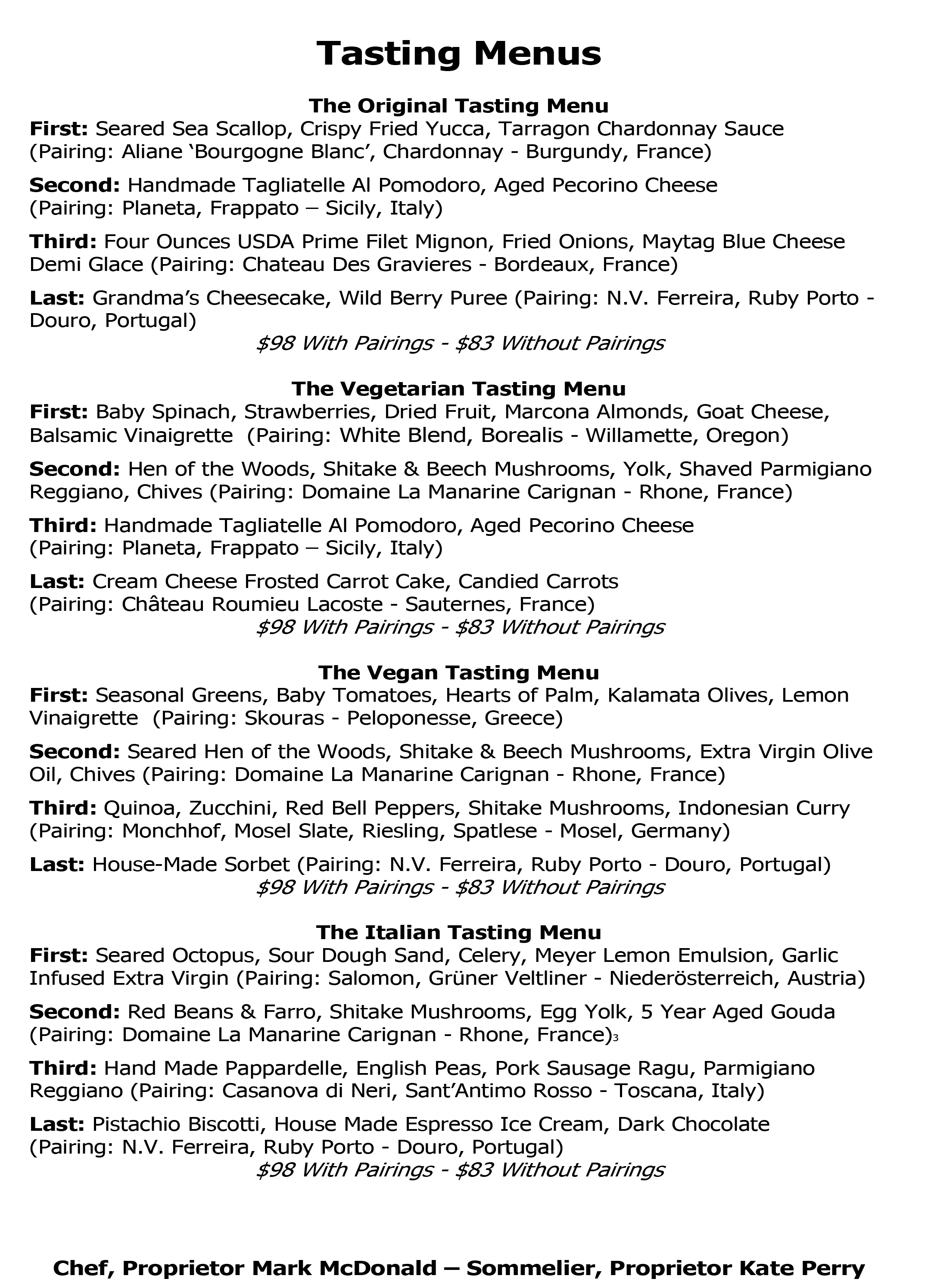 Dinner Menu Old Vine Kitchen Bar