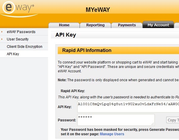 eWAY API Key and Password