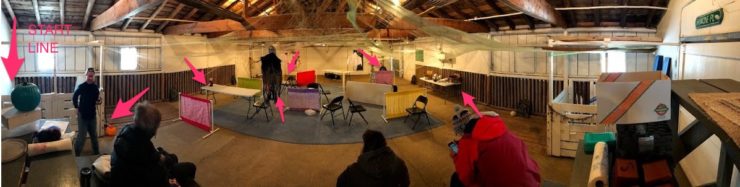 A room full of nosework hides hidden in decorations, on tables, under chairs, and in the walls!