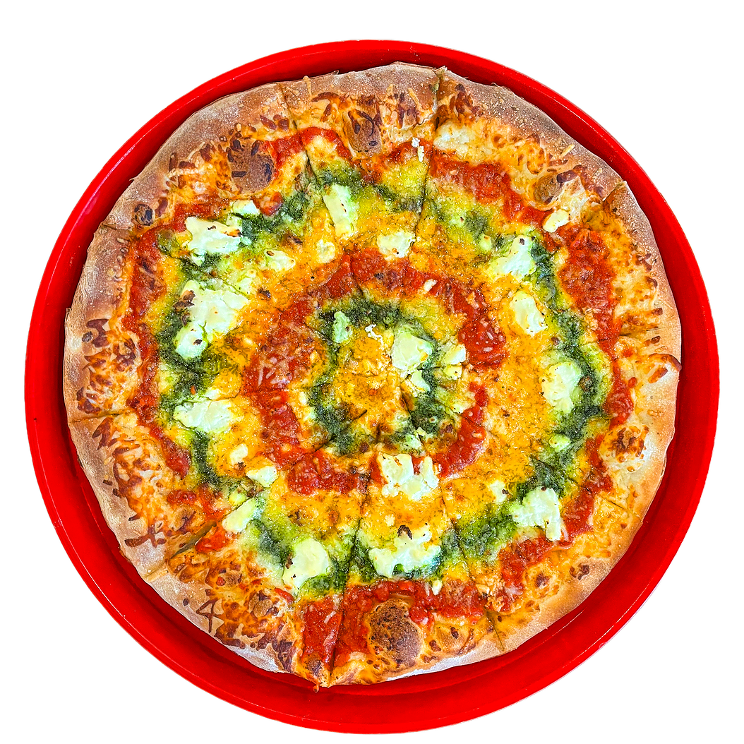 The 3 Cheese, 3 Sauce Pizza is our March Pizza of the Month. Made with Mozzarella, Shredded Parmesan, Ricotta dollops, Pesto, Marinara & Bressi Sauce.