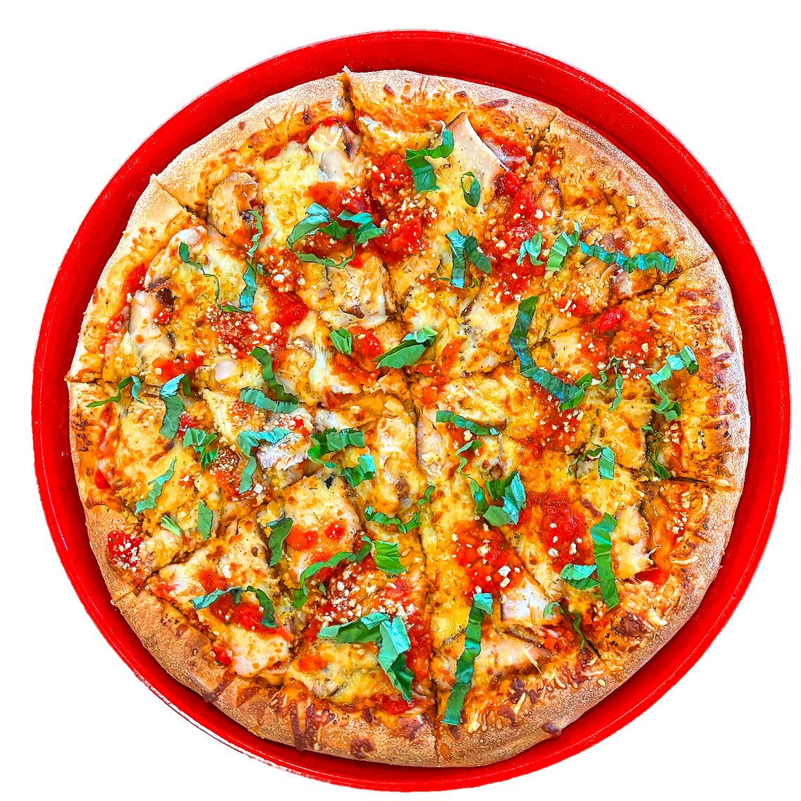 The Chicken Parmesan Pizza is our May Pizza of the Month. Made with Chicken, Panko, Mozzarella, Parmesan, Fresh Basil & a Marinara Base.