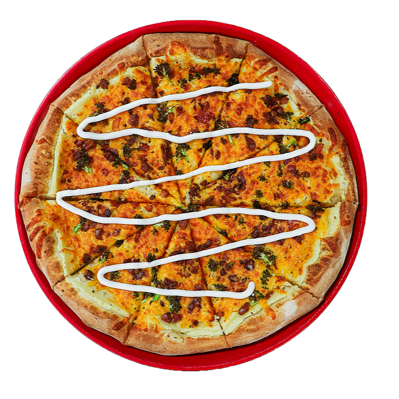 The "Baked Potato Pizza " is our January Pizza of the Month. Made with a Mashed Potato Base, Mozzarella, Cheddar, 
Bacon, Broccoli & a Sour Cream Drizzle.