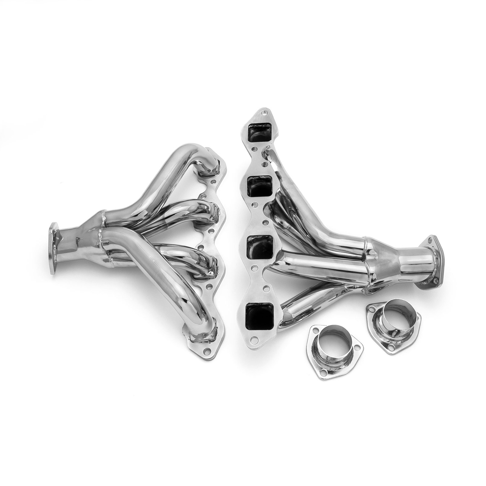 Chevy BBC 454 Hot Rod Street Rod Center Dump Block Hugger Chrome Exhaust Headers