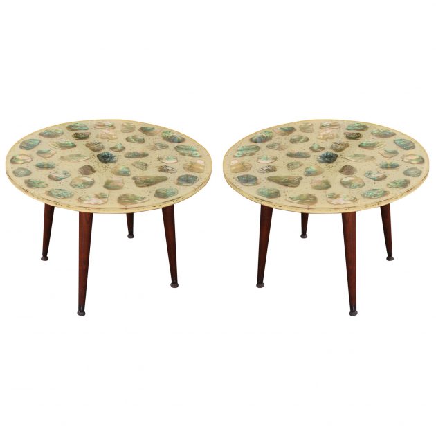 Unusual Pair of Resin and Abalone Round Side Tables