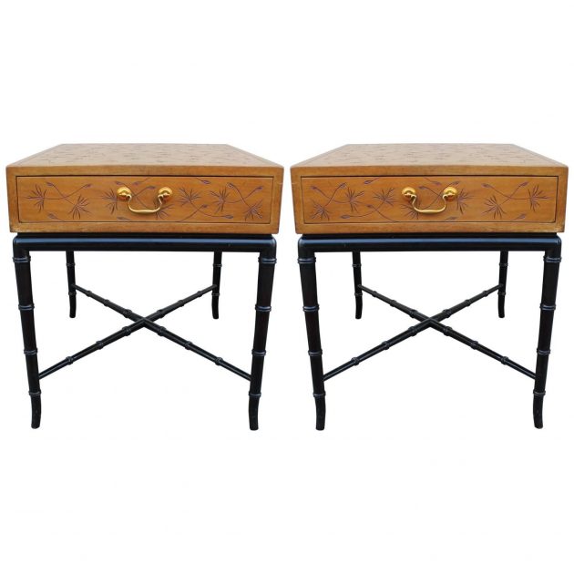 Pair of Incised Kittinger Modern Side Tables / Nightstands with Faux…