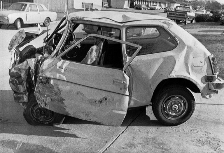 Karen's car after crash, 1975