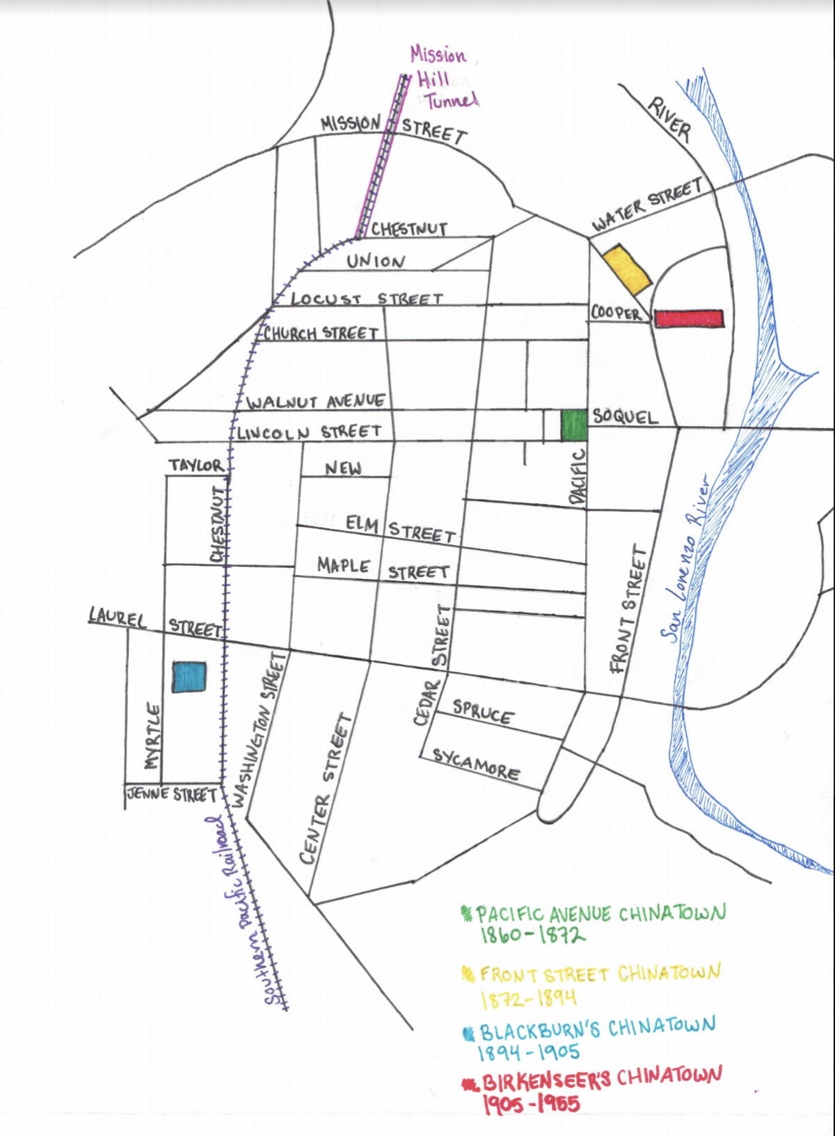 Santa Cruz Chinatowns, adapted from Chinese Gold: The Chinese in the Monterey Bay Region by Local Historian Sandy Lydon.