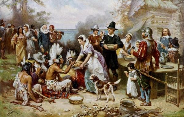 Painting by Jean Leon Gerome Ferris. Notice how the Wampanoag aren't sitting at the table.
