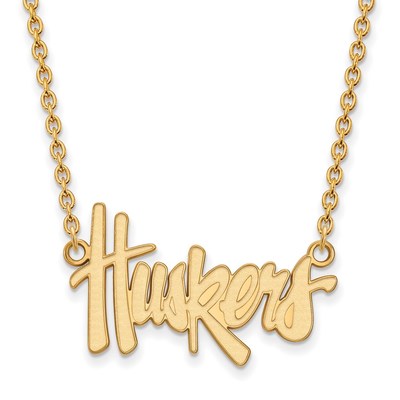 Sterling Silver Gold-plated LogoArt University of Nebraska Huskers Script Large Pendant 18 inch Necklace
