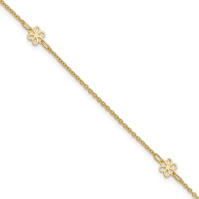 14K Polished Flowers 10in Plus 1in ext. Anklet