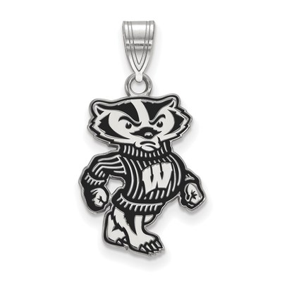 Sterling Silver Rhodium-plated LogoArt University of Wisconsin Badger Large Enameled Pendant