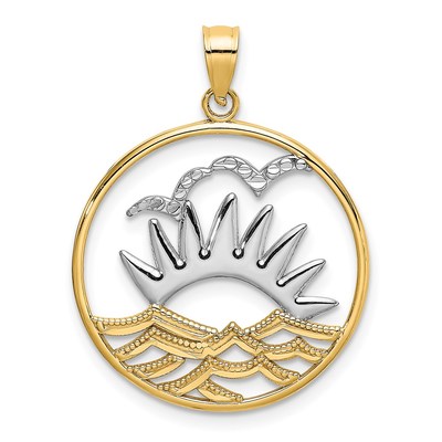14K and White Rhodium Sunset and Water In Circle Charm
