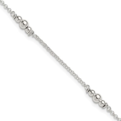 Sterling Silver Beaded 5-Station 9 inch Plus 1 inch Extender - Total 10 inch Anklet