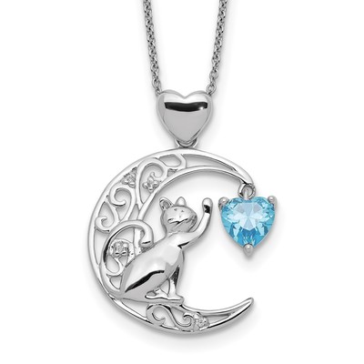 Sterling Silver Blue and Clear CZ Cat and Moon Necklace