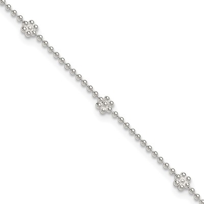 Sterling Silver Flowers 8-Station 9 inch Plus 1 inch Extender - Total 10 inch Anklet