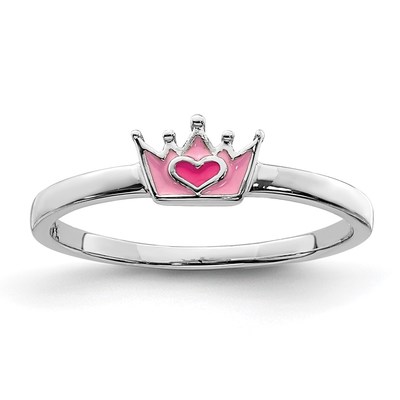 Sterling Silver Rhodium-plated Polished Pink Enamel Crown Children's Ring