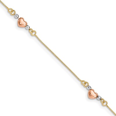 14K Tri-Color Puffed Heart 3-Station 7.25 inch Bracelet