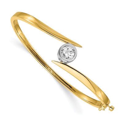 14k Two-tone Holds 1 carat 6.5mm Round Stone Hinged Oval Bangle Bracelet Mounting