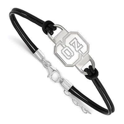 Sterling Silver Rhodium-plated LogoArt North Carolina State University N-C-S Small Center Black Leather 7 inch Bracelet with Extender