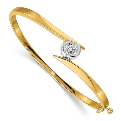 14k Two-tone Holds 1 carat 5.75mm Round Stone Hinged Oval Bangle Bracelet Mounting