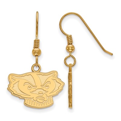 Sterling Silver Gold-plated LogoArt University of Wisconsin Badger Small Dangle Wire Earrings