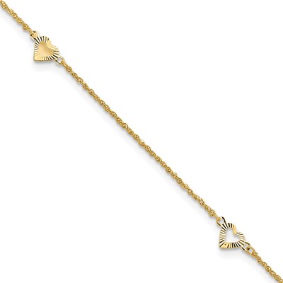 14k Diamond-cut Hearts 3-Station 9 inch Plus 1 inch Extender - Total 10 inch Anklet
