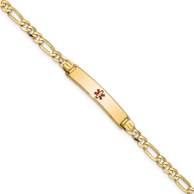 14K Medical Solid Chain/Solid Plate 26x5mm Centered Red Enamel Figaro Link 8 inch ID Bracelet
