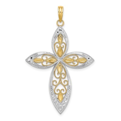 14K with Rhodium Beaded Filigree Cross Charm