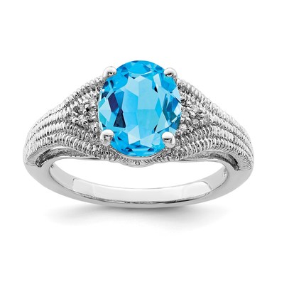 Sterling Silver Rhodium Oval Blue Topaz & Diam. Ring