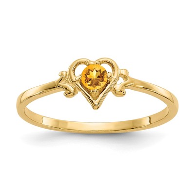 14k 3mm Round Citrine Birthstone Heart Ring