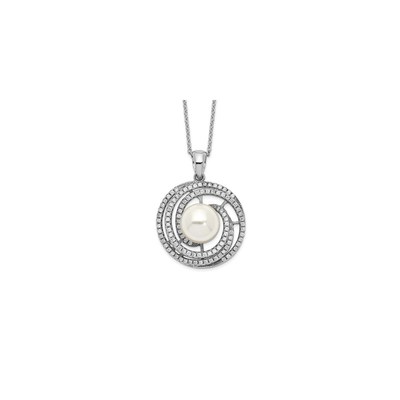 Sterling Silver Majestik Rh-plated 10-11mm Imitat Shell Pearl CZ Necklace