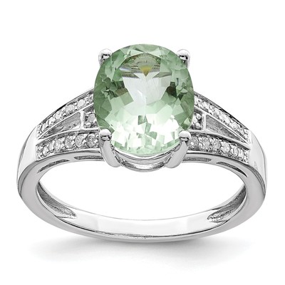 Sterling Silver Rhodium Diam. & Oval Green Quartz Ring