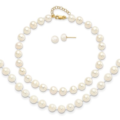 14k 6-7mm White Round Freshwater Cultured Pearl 7.25 inch with 1 Extender Bracelet/18 inch with 2 inch Extender Necklace/Button Earrings Set