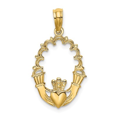 14K Engraved Claddagh In Oval with Lace Trim Charm