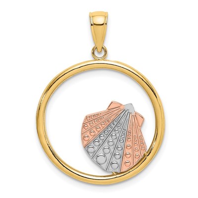 14K Two-tone and White Rhodium Scallop Shell In Circle Charm