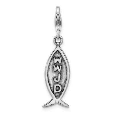 Sterling Silver Amore La Vita Rhodium-pl Antiqued WWJD Ichthus Charm