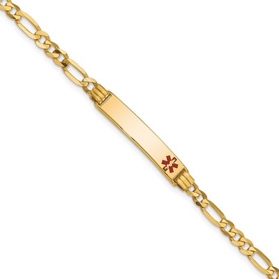 14K Medical Solid Chain/Solid Plate 26x5mm Off-Center Red Enamel Figaro Link 8 inch ID Bracelet