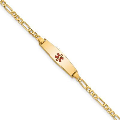 14k Medical Solid Chain/Solid Plate 20x5mm Soft Diamond Shape Centered Red Enamel Figaro Link 8 inch ID Bracelet