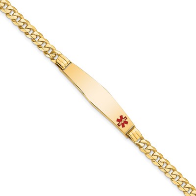 14K Medical Solid Chain/Solid Plate Soft Diamond Shape 36x9mm Off-Center Red Enamel Curb Link 7 inch ID Bracelet