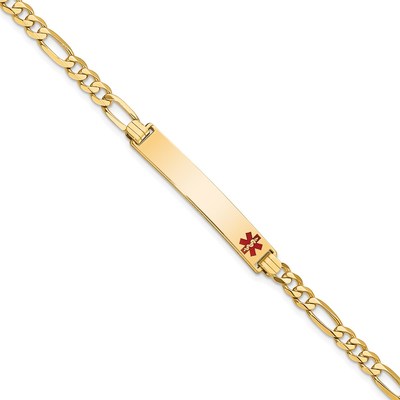 14K Medical Solid Chain/Solid Plate 33x6mm Off-Center Red Enamel Flat Figaro Link 8 inch ID Bracelet