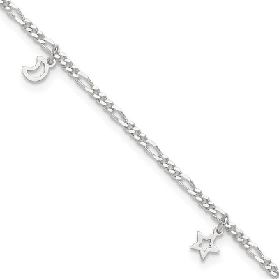 Sterling Silver Star and Moon 9 inch Plus 1 inch Extender - Total 10 inch Anklet