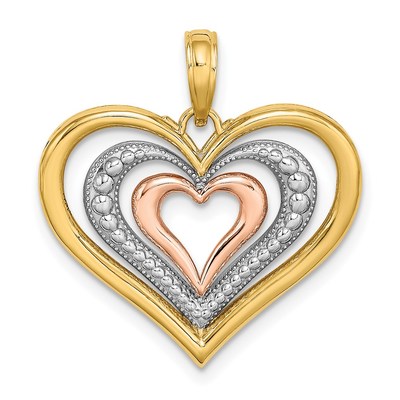 14k Two-tone with White Rhodium Textured and Polished Triple Hearts Charm