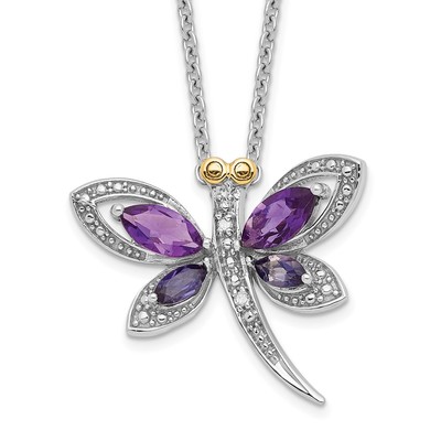 Brilliant Gemstones Sterling Silver with 14K Accent Rhodium-plated Amethyst/Iolite/Diamond Dragonfly18 Inch Necklace with 2 Inch Extender