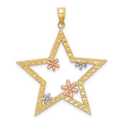 14k Two-tone with White Rhodium Star with Flowers Pendant