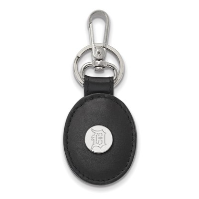SS Rhodium-plated MLB LogoArt Detroit Tigers Black Leather Oval Key Chain