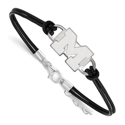 Sterling Silver Rhodium-plated LogoArt University of Michigan Letter M Small Center Black Leather 7 inch Bracelet with Extender